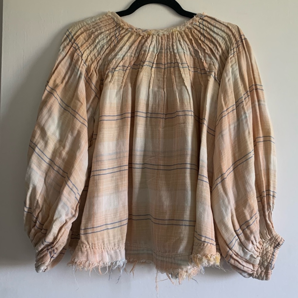 Free People We the Free White/Yellow Boho The Cloudbreaker Plaids Lace Blouse - Picture 7 of 11